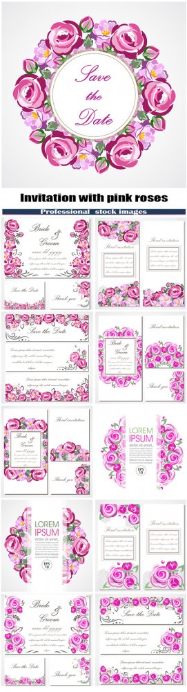 Vector invitation card with pink roses for wedding