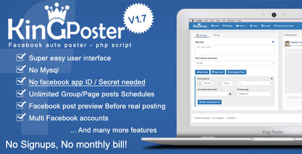 King poster v1.7.9 - Facebook multi Group / Page auto post - PHP script