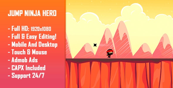 Jump Ninja Hero - HTML5 Game + Mobile Version! (Construct 2 / Construct 3 / CAPX)